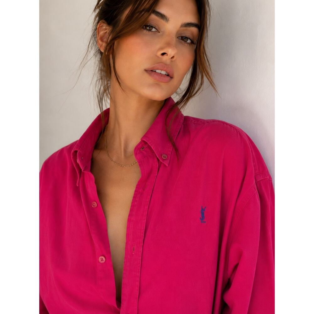 Vintage Yves Saint Laurent Oversized Button Down Fuchsia Pink YSL Logo Shirt Med - Picture 2 of 9